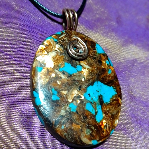 Turqoise copper bornite pendant necklace handmade jewelry blue brown swirled mix - Picture 3 of 5